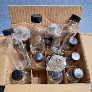Unknown Maker (12) 2 Ounce Rounded Glass Bottles w/3 Metal Funnels, NWOT